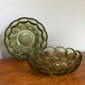 Set Vintage Green Glass Thumbprint Bowls